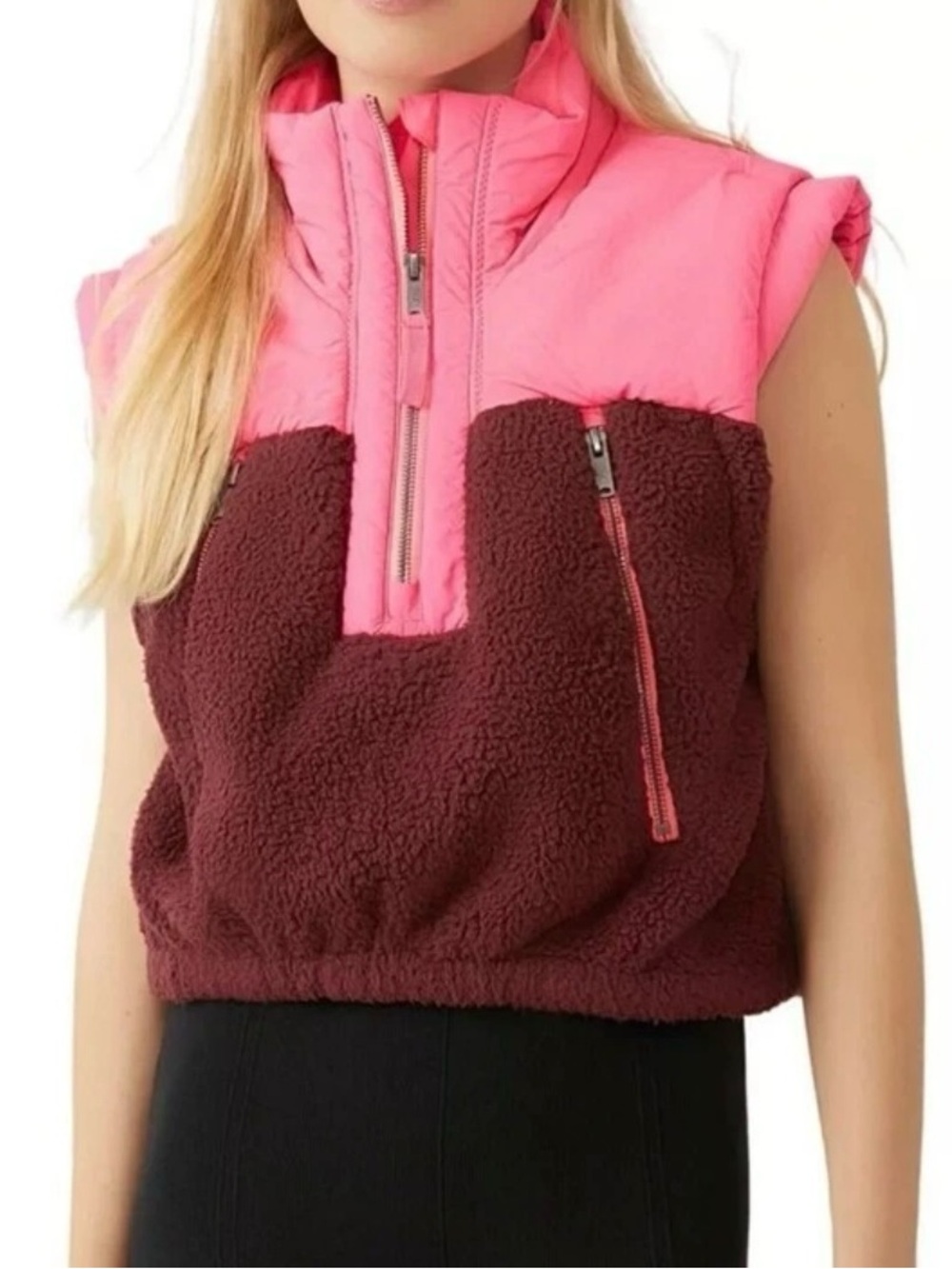 Free People Movement Journey Ahead Faux Shearling & Nylon Vest Pomegranante Sz M